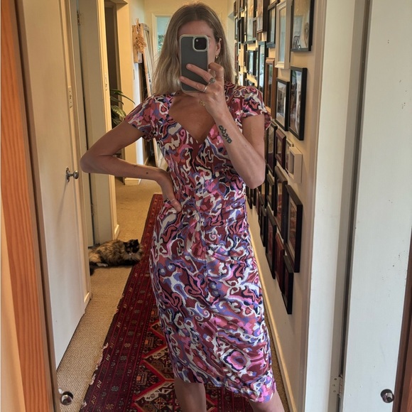 ba&sh Pleated Midi Multicolour Printed Textured Crepe Crinkle Short Sleeve Dress - Picture 11 of 17